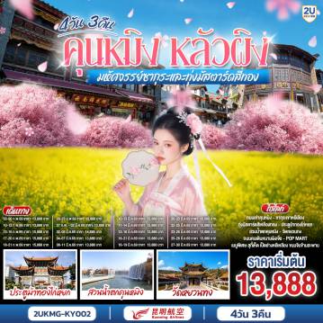 ทัวร์จีนเดือนมีนาคม 4 วัน 3 คืน-กรุงเทพฯ (สนามบินสุวรรณภูมิ) - คุนหมิง (ท่าอากาศยานนานาชาติฉางสุ่ย)  (KY8368  : 20.40- 23.50) คุนหมิง-คุนหมิง-หลัวผิง  -ชมดอกมัสตาร์ทสีทอง ณ เขาไก่ทอง (รวมรถแบตเตอรี่)-หุบเขาซากุระหยีเหลียง -เมืองคุนหมิง -ร้านหยก-ร้านผ้าไหม-ชมดอกไม้ตามฤดูกาลสวนลาวหยูเหอ -อิถนนโบราณคุนหมิงฮวงกงอีส-สระช้อปปิ้งถนนคนเดินหนานผิงเจีย+POP MART***กรณีซากุระยังไม่บานนำท่านชมถ้ำจิ่วเซียงทดแทน**-วัดหยวนทอง  สวนน้ำตกคุนหมิง  -ร้านบัวหิมะ- ตำหนักทองจินเตี้ยน -คุนหมิง (ท่าอากาศยานนานาชาติฉางสุ่ย)  -กรุงเทพ (สนามบินสุวรรณภูมิ)  (KY8367:18.15-19.40)