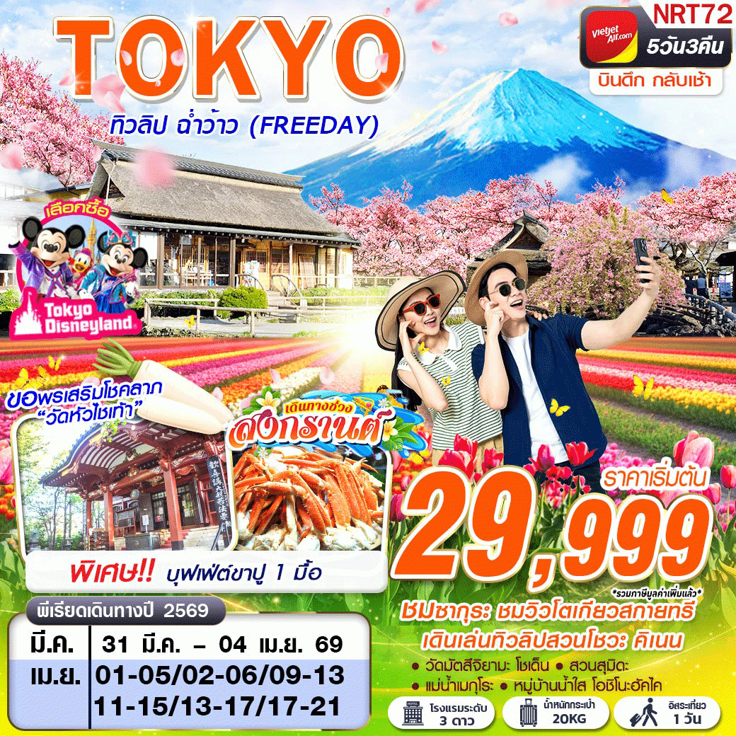 ทัวร์ญี่ปุ่นเดือนมีนาคม 5 วัน 3 คืน-VZ BKK TOKYO ทิวลิป ฉ่ำว้าว (FREEDAY) บินดึกกลับเช้า MAR-APR 5D3N