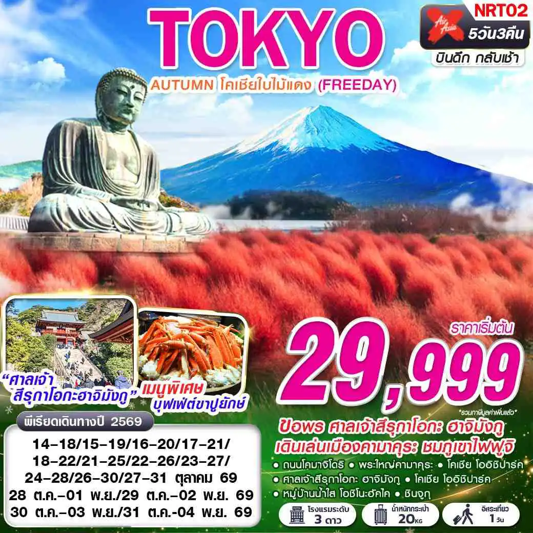 ทัวร์ญี่ปุ่น 5 วัน 3 คืน-XJ DMK TOKYO AUTUMN โคเชียใบไม้แดง (ฟรีเดย์) XJ600-601 OCT 5D3N
