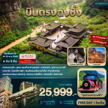 ทัวร์จีน 6 วัน 5 คืน-บินตรงลงฉงชิ่ง - อู่หลง หลุมฟ้าสะพานสวรรค์ - ระเบียงแก้ว - อุทยานเขานางฟ้า
หงหยาต้ง - นั่งรถไฟทะลุตึก - ล่องเรือชมฉงชิ่งยามค่ำคืน - ศาลาประชาคม
มรดกโลกผาหินแกะสลักต้าจู๋ - เมืองโบราณสือชี่โข่ว - วัดหลัวฮั่น - เจียฟ่างเป่ย