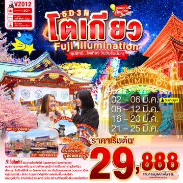 ทัวร์ญี่ปุ่น 5 วัน 3 คืน-วัดอาซากุสะ- ช้อปปิ้งถนนนากามิเสะ- งานประดับไฟซากะมิโกะ- สวนสาธารณะโออิชิ- ออนเซ็น + ขาปูยักษ์- หมู่บ้านโอชิโนะฮัคไค- ิออน มอลล์ นาริตะ- ศาลเจ้ายาสุคุน- ย่านโทโยสุ เซนเคียคุ บันไร - ชมแมวยักษ์ 3 มิติ พร้อมช้อปปิ้ง ย่านชินจูกุ