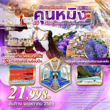 ทัวร์จีน 6 วัน 5 คืน-*ทัวร์ไม่ลงร้าน *นั่งรถไฟความเร็วสูงคุนหมิง-ต้าลี่ 1 เที่ยว *นั่งกระเช้าใหญ่(ภูเขาหิมะมังกรหยก)+นั่งรถไฟชมวิวภูเขาหิมะมังกรหยก *นั่งรถบัสชมดอกศรีตรัง หรือ Jacaranda ถนนเจียวชางจง