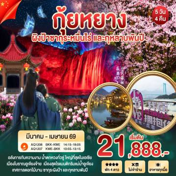 ทัวร์จีน 5 วัน 4 คืน-กุ้ยหยางฤดูใบไม้ผลิ เทศกาลชมดอกไม้ 2569 สวนซากุระผิงป้าหมื่นไร่ - ดอกกุหลาบพันปีไป๋หลี่ตู้จวน-หอคอยเจี่ยซิ่วโหลว - น้ำตกหวงกั่วซู่ ชมโชว์แสงสีสุดตระการตา (รวมรถรับส่ง & บันไดเลื่อน) - สะพานฮัวเจียงแกรนด์แคนยอน จุดเช็กอินใหม่ยิ่งใหญ่ที่สุดในโลก - เมืองโบราณอูเจียงจ้าย (รวมรถแบตเตอรี่) - ถนนคนเดินชิงหยุน - เทศกาลชมดอกไม้ ปีละครั้ง เท่านั้น