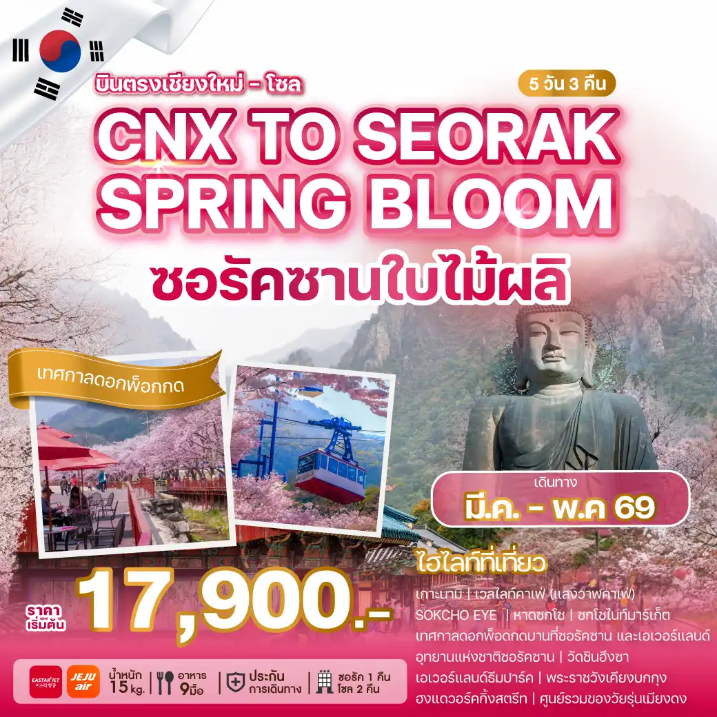 ทัวร์เกาหลีใต้ 5 วัน 3 คืน-บินตรงจากเชียงใหม่ ความงดงามที่จะทำให้หัวใจเบ่งบาน กับที่สุดแห่งสีสันของฤดูใบไม้ผลิที่ซอรัค ร่วมเทศกาลดอกพ็อดกดบานที่ซอรัคและเอเวอร์แลนด์ เกาะนามิ เวลไลท์คาเฟ่ SOKCHO EYE หาดซกโช ซกโชไนท์มาร์เก็ต วัดชินฮึงซา ช้อปปิ้งฮงแด&เมียงดง พระราชวังเคียงบก