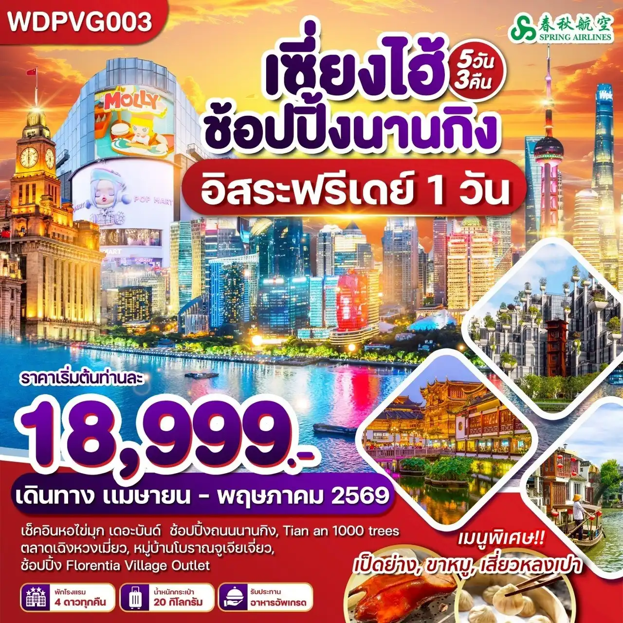 ทัวร์จีน 5 วัน 3 คืน-WDPVG003 เซี่ยงไฮ้ ถนนนานกิง FreeDay 5วัน3คืน บิน 9C