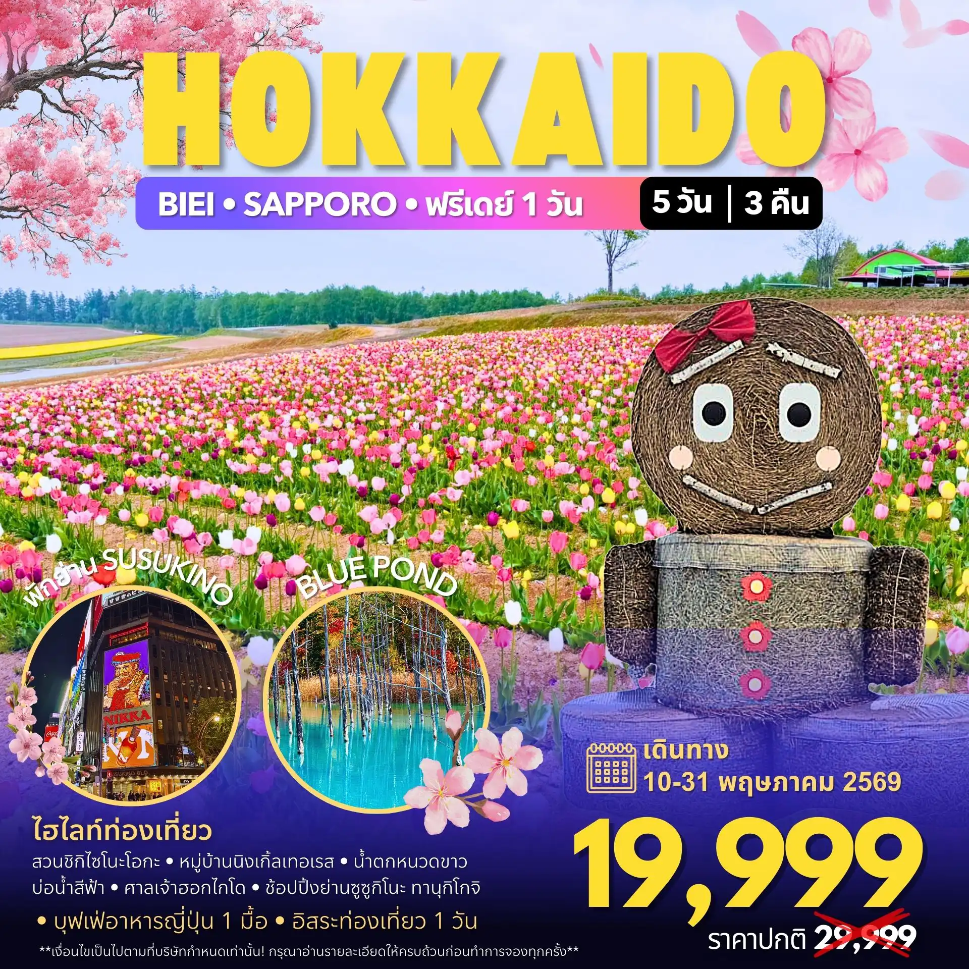 ทัวร์ญี่ปุ่น 5 วัน 3 คืน-หมู่บ้านเทพนิยายนิงเกิ้ลเทอเรส บ่อน้ำร้อนออนเซน ฟาร์มดอกไม้ชิกิไซโนะโอกะ น้ำตกชิโรฮิเกะ บ่อน้ำสีฟ้าชิโรกาเนะ ศาลเจ้าฮอกไกโด ช้อปปิ้งย่านทานุโกจิ ห้างดิวตี้ฟรีซัปโปโร อิสระ1วัน