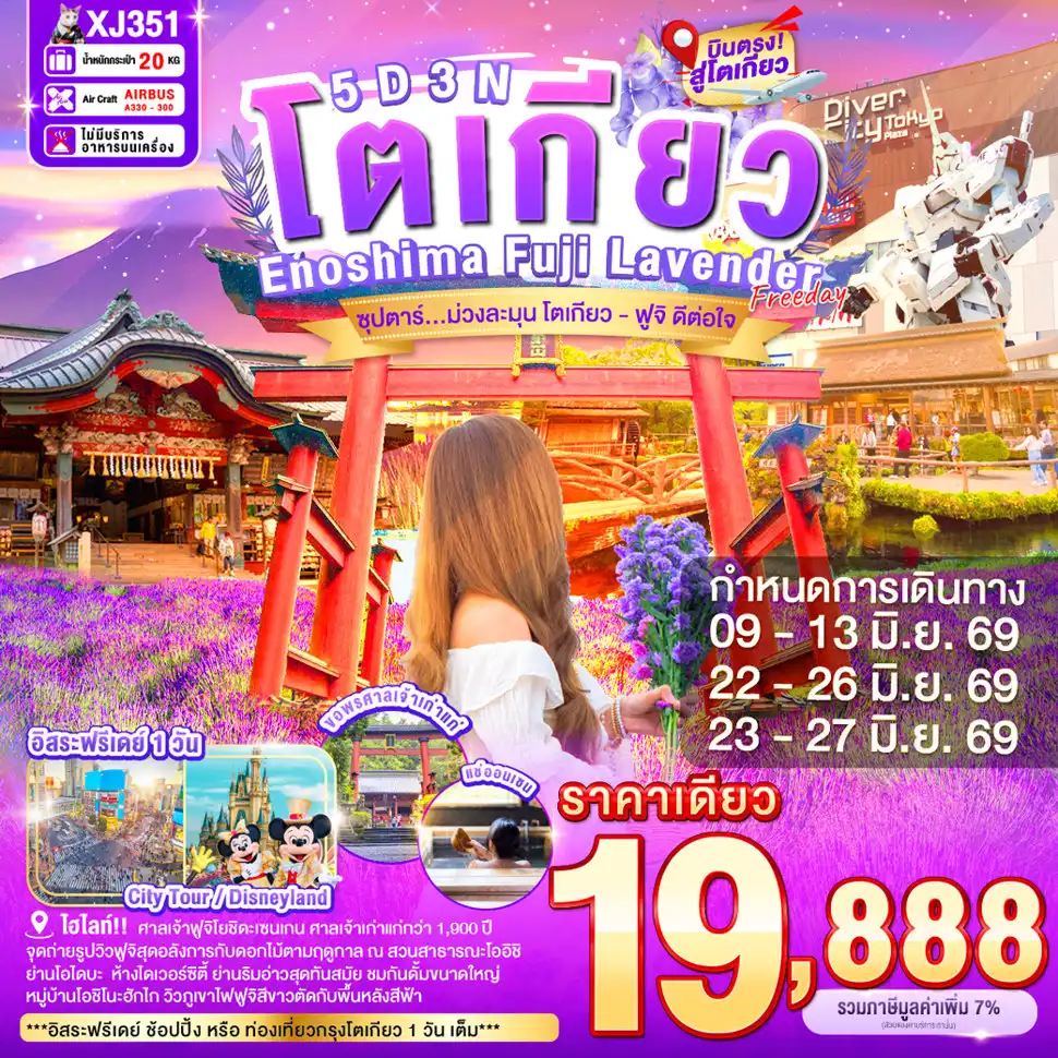 ทัวร์ญี่ปุ่น 5 วัน 3 คืน-ย่านโอไดบะ- ห้างไดเวอร์ซิตี้- ศาลเจ้าฟูจิโยชิดะเซนเกน- หมู่บ้านโอชิโนะฮัคไค- สวนสาธารณะโออิชิ (ลาเวนเดอร์)- เกาะเอโนชิมะ- ศาลเจ้าเอโนชิมะ- ถนนเบ็นไชเท็นนากามิเสะ- ออนเซ็น- อิสระท่องเที่ยว