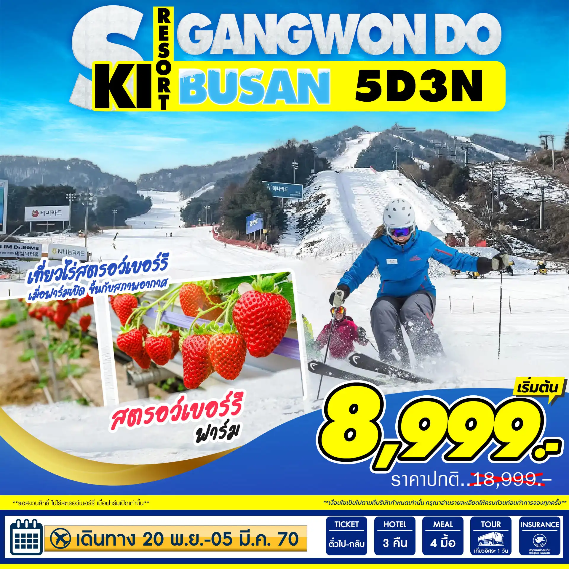 ทัวร์เกาหลีใต้ 5 วัน 3 คืน-เที่ยวไร่สตอร์เบอรี่ เข้าสู่ลานสกีที่เมืองคังวอนโด นอนสกีรีสอร์ต1คืน เข้าเมืองปูซาน เชคอินที่พัก ท่องเที่ยว/พักผ่อน/ช้อปปิ้ง แบบอิสระตามอัธยาศัย ศูนย์สมุนไพรน้ำมันสน โสม ฮ้อตเก้นามู ศูนย์เครื่องสำอางค์ ร้านขนมของฝาก ที่พักย่านชายหาดแฮอุนแด
