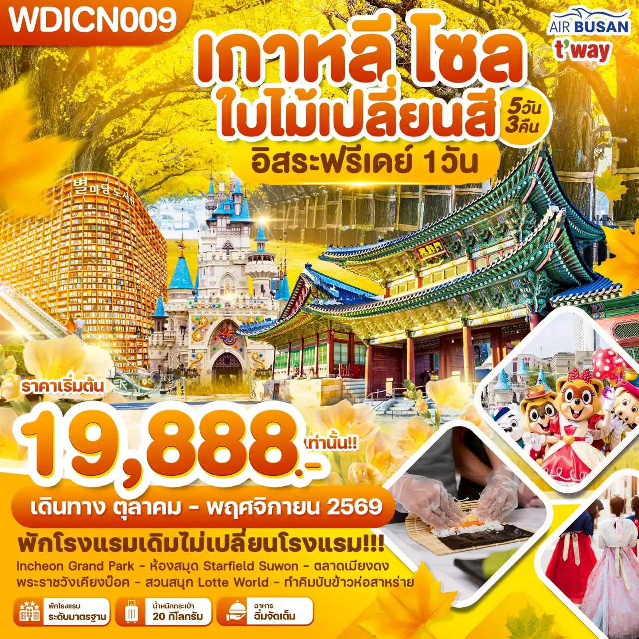 ทัวร์เกาหลีใต้ 5 วัน 3 คืน-WDICN009 เกาหลี โซล ใบไม้เปลี่ยนสี อิสระฟรีเดย์ 1วัน_5วัน3คืน บิน BX & TW