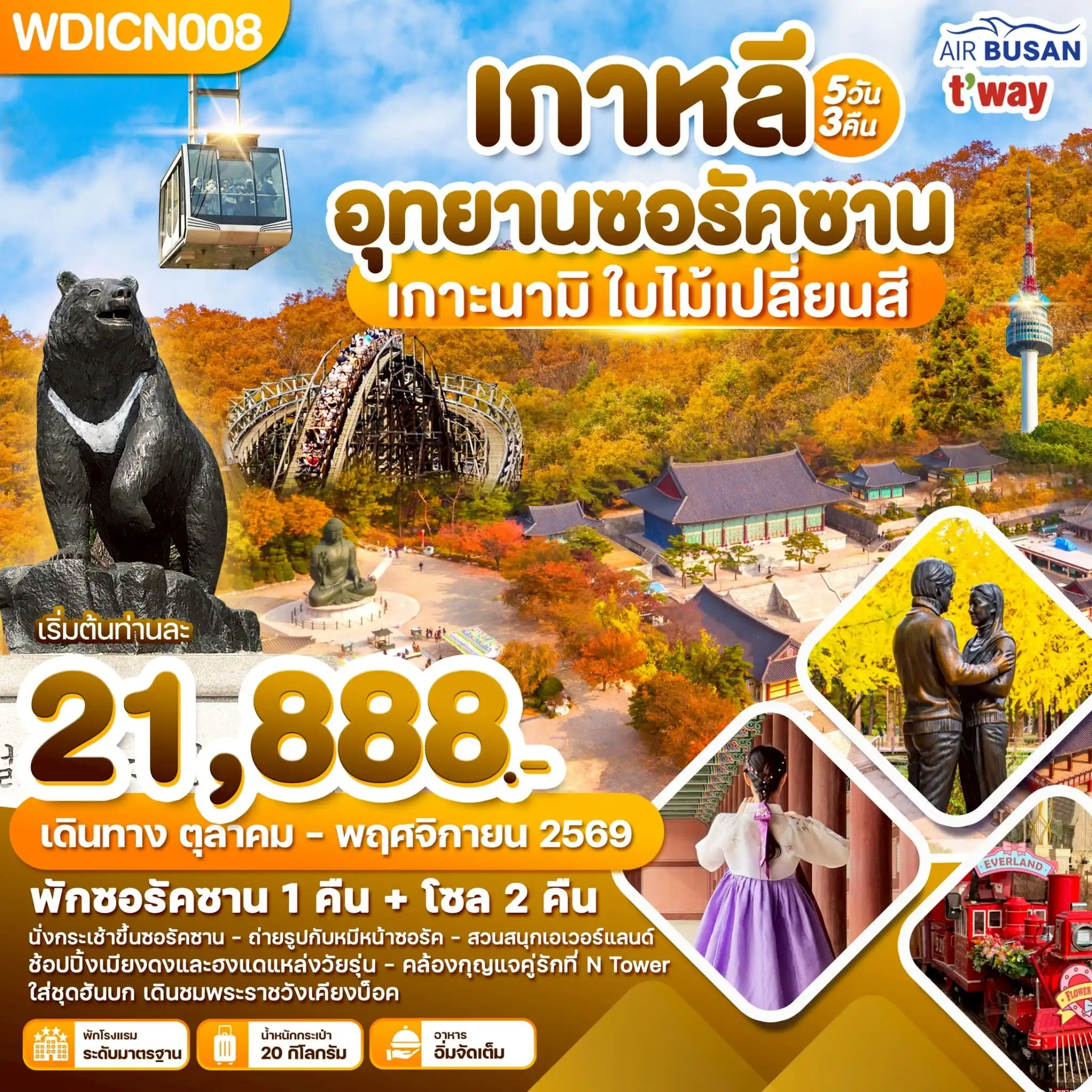 ทัวร์เกาหลีใต้ 5 วัน 3 คืน-WDICN008 เกาหลี อุทยานซอรัคซาน เกาะนามิ ใบไม้เปลี่ยนสี 5วัน3คืน บิน BX & TW