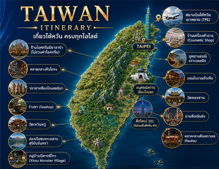 ทัวร์ไต้หวัน 4 วัน 3 คืน-เปิดวาร์ปไต้หวัน 4 วัน 3 คืน (บินหรู China Airlines) ✈️ [อัปเดต! ราคาสุทธิรวมปรับ Tax 01 เม.ย. 69 แล้วทุกที่นั่ง] เที่ยวครบ 3 เมืองดัง ไถจง - หนานโถว - ไทเป