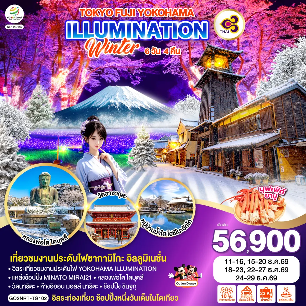 ทัวร์ญี่ปุ่น 6 วัน 4 คืน-ไฮไลท์ทัวร์-Highlight เที่ยวชมงานประดับไฟซากามิโกะ อิลลูมิเนชั่น - อิสระท่องเที่ยว ช้อปปิ้งหนึ่งวันเต็มในโตเกียว - พักออนเซ็น 1 คืน - เมนูบุฟเฟต์ขาปู - อิสระเที่ยวชมงานประดับไฟ YOKOHAMA ILLUMINATION - แหล่งช้อปปิ้ง MINATO MIRAI21 - หลวงพ่อโต ไดบุตสึ - วัดอาซากุสะ - วัดนาริตะ - ห้างอิออน มอลล์ นาริตะ - ช้อปปิ้ง ชินจูกุ