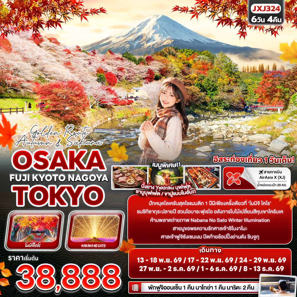 ทัวร์ญี่ปุ่น 6 วัน 4 คืน-Golden Route Autumn & Sakura OSAKA TOKYO FUJI KYOTO NAGOYA