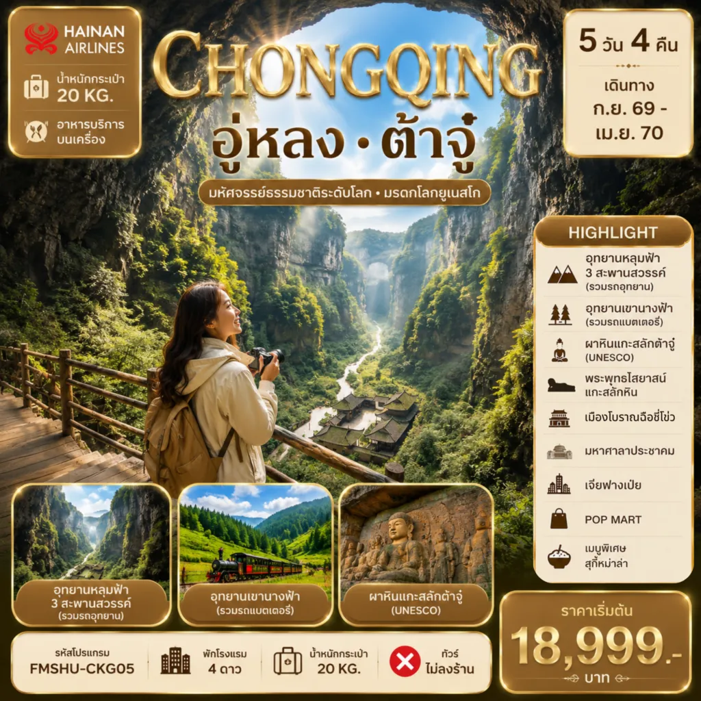 ทัวร์จีน 5 วัน 4 คืน-FMSHU-CKG05 ฉงชิ่ง อู่หลง ต้าจู๋ มหัศจรรย์ธรรมชาติระดับโลก มรดกโลกยูเนสโก้ 5D4N