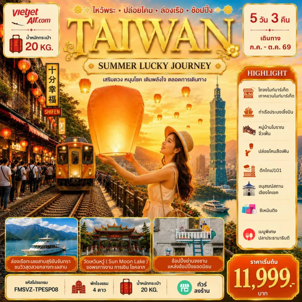 ทัวร์ไต้หวันเดือนกันยายน 5 วัน 3 คืน-FMSVZ-TPESP08 TAIWAN ลอยโคมสือเฟิ่น ล่องเรือทะเลสาบ