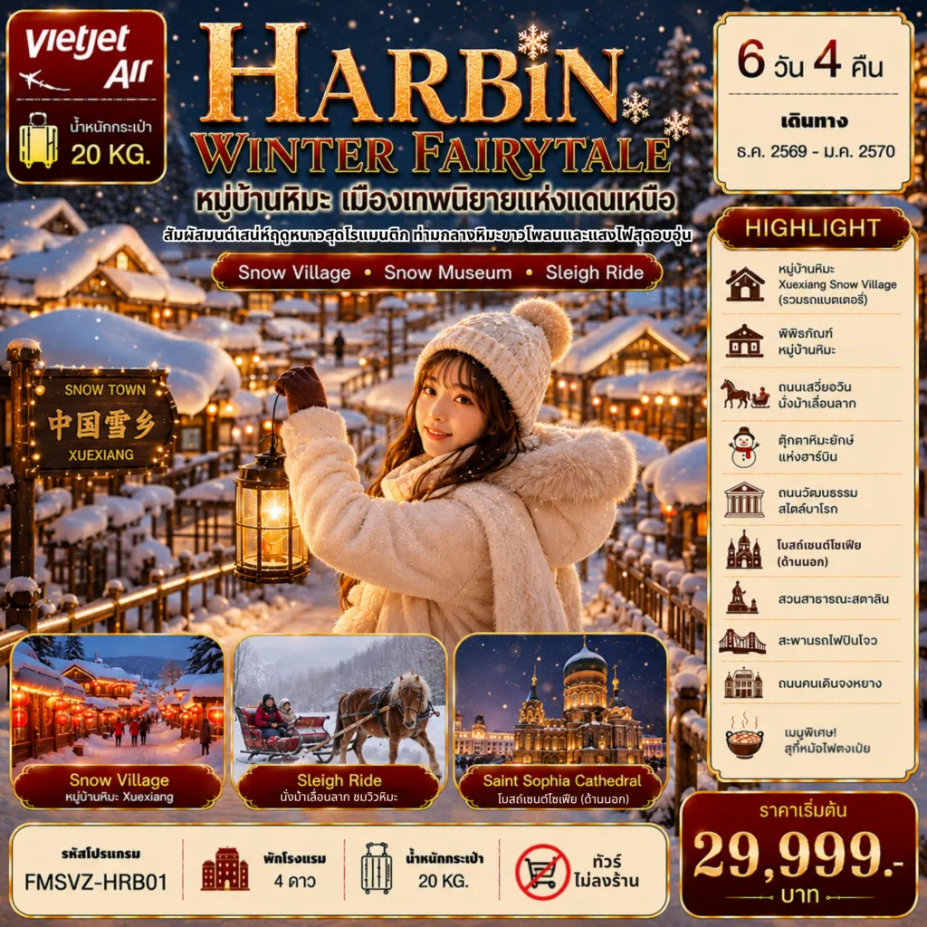 ทัวร์จีน 6 วัน 4 คืน-FMSVZ-HRB01 เมืองเทพนิยายแห่งแดนเหนือ พักหมู่บ้านหิมะใหม่ 1 คืน 6D4N