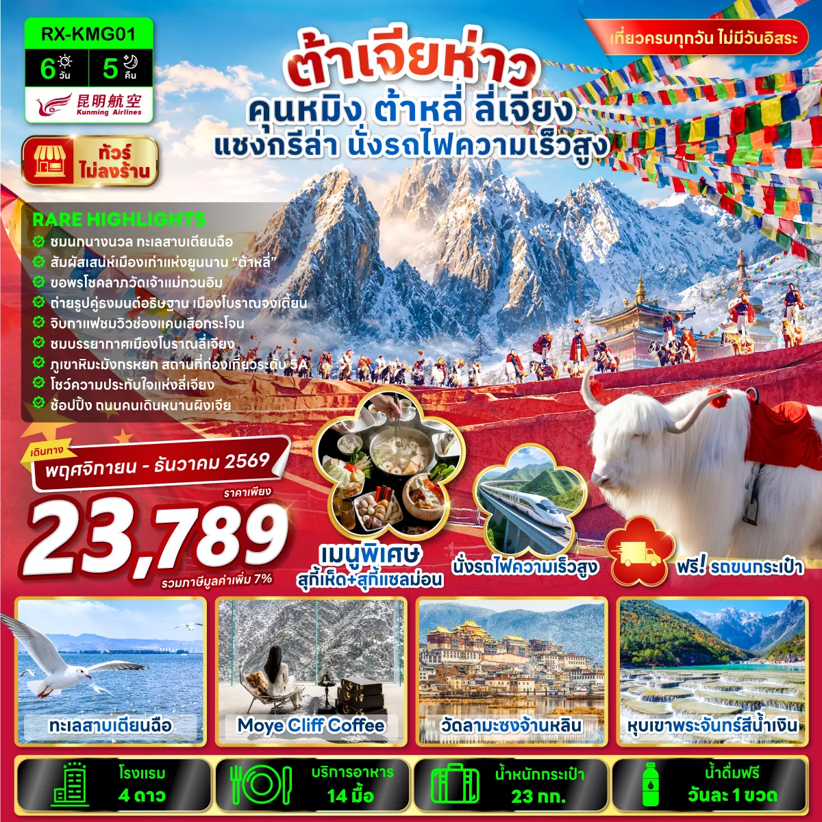 ทัวร์จีน 6 วัน 5 คืน-RARE HIGHTLIGHTS ✅ชมนกนางนวล ทะเลสาบเตียนฉือ ✅สัมผัสเสน่ห์เมืองเก่าแห่งยูนนาน 