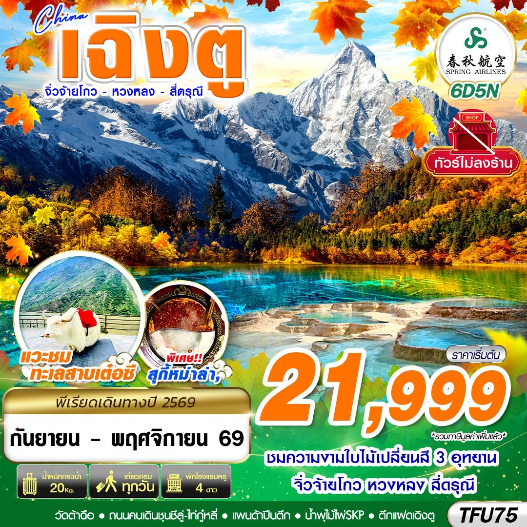 ทัวร์เฉิงตูเดือนตุลาคม 6 วัน 5 คืน-TFU75 9C BKK เฉิงตู สี่ดรุณี หวงหลง จิ่วจ้ายโกว ไม่ลงร้าน 6D5N