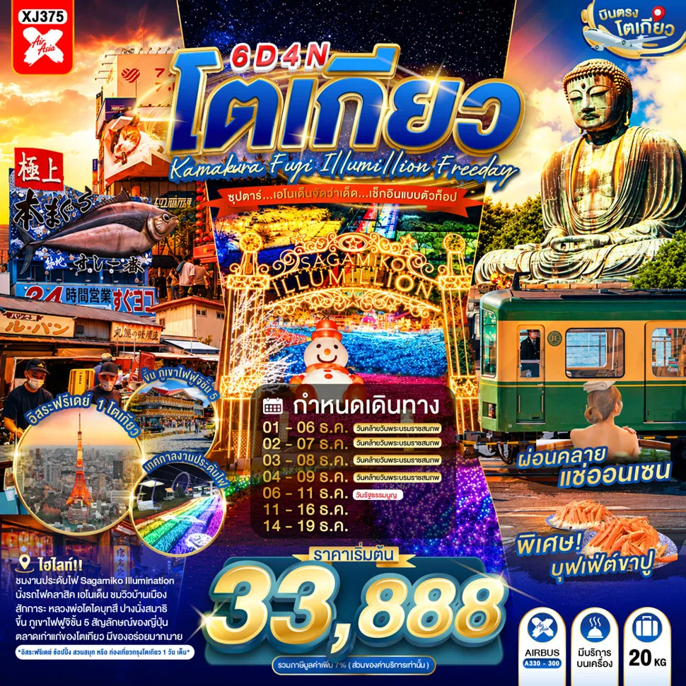 ทัวร์ญี่ปุ่น 6 วัน 4 คืน-พระใหญ่ไดบุทสึ คามาคุระ - นั่งรถไฟคลาสสิคเอโนเด็น- งานประดับไฟซากะมิโกะ - จุดชมวิวชั้น 5 ภูเขาไฟฟูจิ - สวนสาธารณะโออิชิ - อิออน มอลล์ นาริตะ- ศาลเจ้าฮิเอะ - ตลาดปลาซึกิจิ - ชมแมวยักษ์ 3 มิติ - ย่านชินจูกุ - ออนเซ็น + ขาปูยักษ์- อิสระท่องเที่ยว