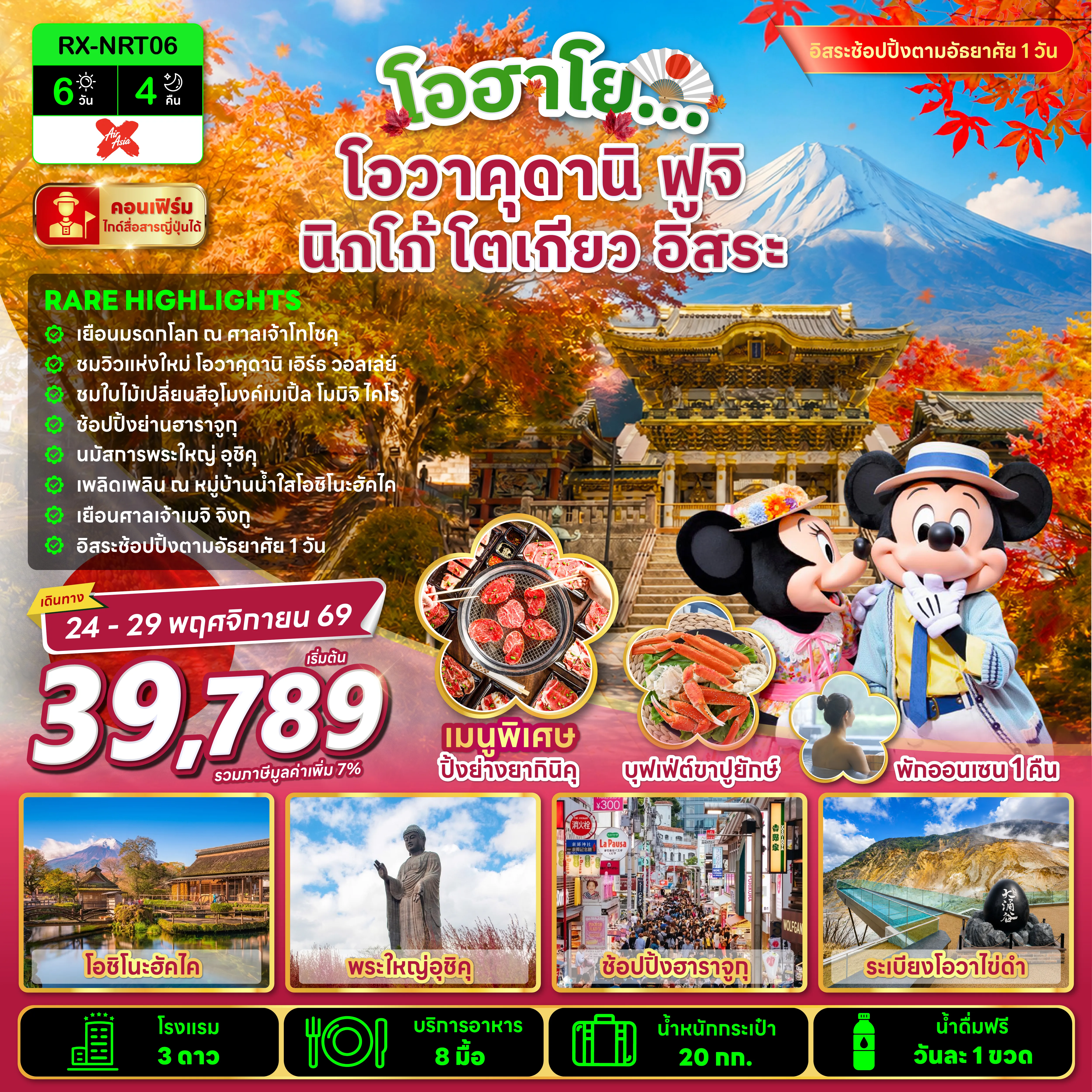 ทัวร์ญี่ปุ่นเดือนพฤศจิกายน 6 วัน 4 คืน-RARE HIGHLIGHTS ✅จุดชมวิวแห่งใหม่ เอิร์ธ วอลเล่ย์ ณ โอวาคุดานิ ✅อุงโมงค์ใบไม้เปลี่ยนสี Momiji Kairo ✅เยือนมรดกโลก ณ เมืองนิกโก้ ✅ช้อปปิ้งเต็มอิ่ม วันอิสระ 1 วัน ✅บุฟเฟ่ต์ขาปูยักษ์ไม่อั้น ✅แช่ออนเซ็น 1 คืน