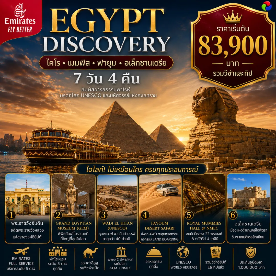 ทัวร์อียิปต์ 7 วัน 4 คืน-อียิปต์ ดิสคัฟเวอรี่ (EGYPT DISCOVERY) 7 วัน 4 คืน ✨ไคโร ✨ เมมฟิส ✨ฟายุม ✨ อเล็กซานเดรีย ไฮไลท์ห้ามพลาด ✨ ชมมหาพีระมิดแห่งกีซ่าและสฟิงซ์ สัญลักษณ์อมตะแห่งอียิปต์ ✨เข้าชม Grand Egyptian Museum (GEM) ✨ ขี่อูฐชมวิวพีระมิด ✨ เยือนหุบเขาวาฬ มรดกโลก (UNESCO) หุบเขาวาฬดึกดำบรรพ์อายุกว่า 40 ล้านปี ✨ตะลุยทะเลทรายฟายุมด้วยรถ 4WD พร้อมกิจกรรม Sand Boarding ✨ชมมัมมี่กษัตริย์และราชินี ที่พิพิธภัณฑ์อารยธรรมอียิปต์แห่งชาติ (NMEC) ✨เที่ยว อเล็กซานเดรีย เมืองแห่งตำนานคลีโอพัตรา ริมทะเลเมดิเตอร์เรเนียน ✨ ล่องเรือดินเนอร์แม่น้ำไนล์ ✨เดินทางสบายกับ Emirates Full Service ✨พักโรงแรมระดับ 5 ดาว ✨อาหารครบทุกมื้อ ✨รวมวีซ่าอียิปต์และทิปแล้ว