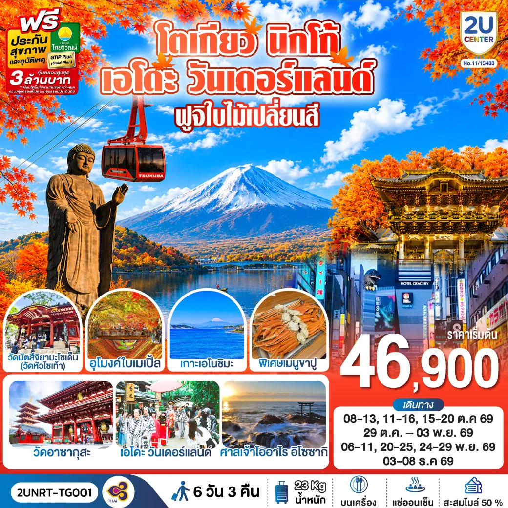 ทัวร์ญี่ปุ่น 6 วัน 3 คืน-พระใหญ่อุชิคุ ไดบุตสึ - กระเช้าลอยฟ้าสึคุบะ (รวมค่ากระเช้า) - ศาลเจ้าโออาไร อิโซซากิ - ศาลเจ้านิกโกโทโชกุ(รวมค่าเข้าชม) - เอโดะ วันเดอร์แลนด์(รวมค่าเข้าชม) - ชมวิวฟูจิ ริมทะเลสาบคาวากุชิโกะ - อุโมงค์ใบเมเปิ้ล หรือ โมมิจิ ไคโร - เกาะเอโนชิมะ - ถนนเบ็นไซเท็น - ศาลเจ้าเอโนะชิมะ - ช้อปปิ้งชินจูกุ - วัดมัตสึจิยามะโชเด็น(วัดหัวไช้เท้า) - วัดอาซากุสะ - วิวโตเกียวสกายทรีริมแม่น้ำสุมิดะ - ตลาดปลาโตโยสึ - อาหารบุฟเฟ่ต์ + พิเศษเมนูขาปู