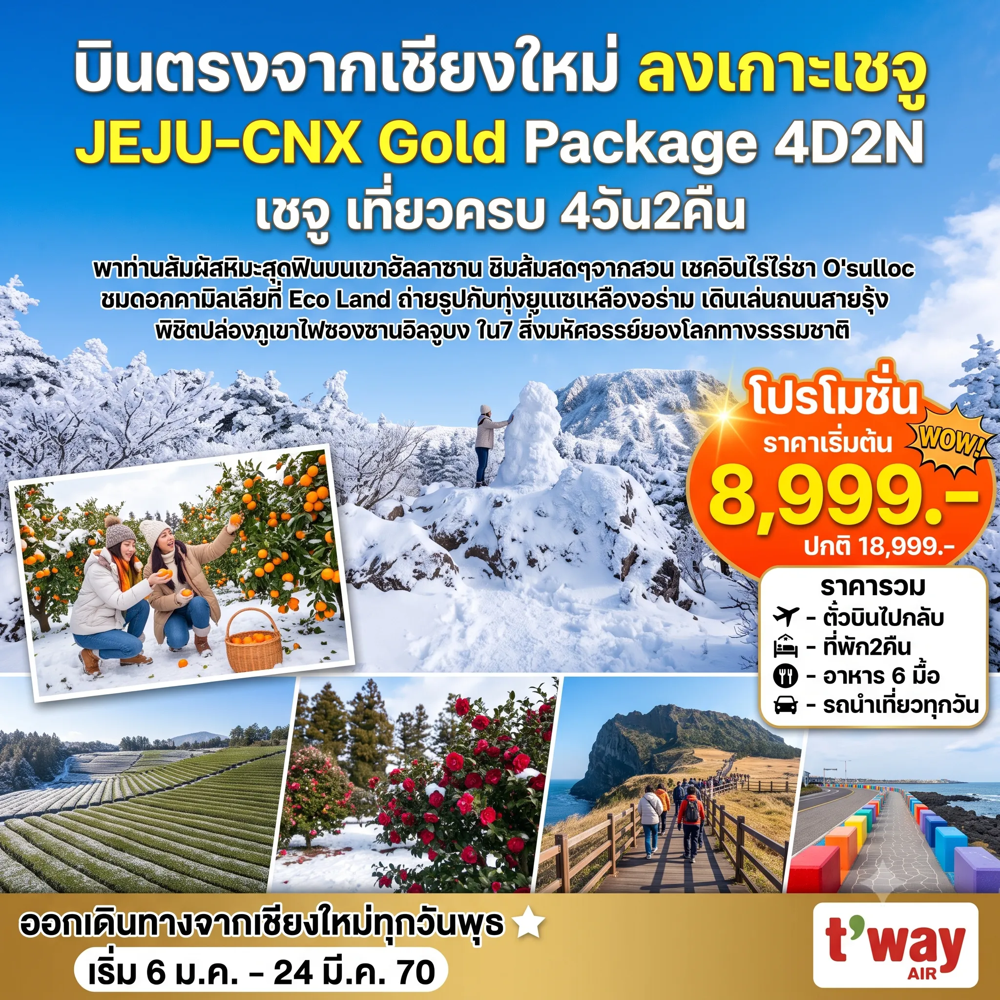 ทัวร์เกาหลีใต้ 4 วัน 2 คืน-ชายหาดอีโฮเทอู - ภูเขาฮัลลาซาน - สวนส้ม - ไร่ชาO'Sulloc - วัดซันบังโพมุนซา - แหลมซงอัคซาน - ถนนสายรุ้ง - ศูนย์เครื่องสำอางค์ - ECO LAND - หมู่บ้านวัฒนธรรมซองอึบ - ทุ่งดอกยูแช - ชายหาดควังชีกี - ซองซานอิลจูบง - ศูนย์น้ำมันสนเข็มแดงและฮ้อตเก้นามู - วัดป่าชอนวังซา - ศูนย์โสมเกาหลี - ซุปเปอร์มาร์เกต - ดิวตี้ฟรีและตลาดดาวทาวน์ยอนดง