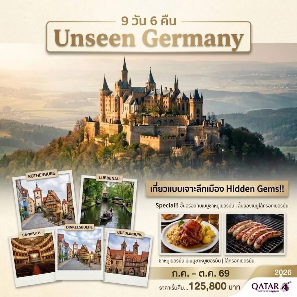 Germany Tour 9 Day 6 Night-ปราสาทโฮเฮนโซลเลิร์น ปราสาทแสนสวยของราชวงศ์โฮเฮนโซลเลิร์น เมืองอูล์ม บ้านเกิด อัลเบิร์ต ไอน์สไตน์ เมืองนอร์ดลินเก้น เมืองสุดเก๋ ที่ตั้งอยู่ในหลุมอุกกาบาต 15 ล้าน ปี เมืองดินเคิลบูลท์ เมืองเล็ก สีสันสดใส แห่งแคว้นบาวาเรีย เมืองโรเทนเบิร์ก เมืองตลาดคริสมาสต์ เมืองวูซเบิร์ก เมืองแห่งคนรักไวน์ เมืองไบรอยธ์ เมืองแห่งเสียงดนตรี เมืองเออเฟิร์ธ ประตูสู่แคว้น Thuringen เมืองไลป์ซิก เมืองแห่งอุตสาหกรรมเหล็ก เมืองเควดลินเบิร์ก เมืองหลวงแห่งแรกของชนชาติเยอรมัน เมืองลูบเบนเนา เมืองที่มีคลองแสนสวย กรุงเบอร์ลิน เมืองหลวงของประเทศเยอรมัน พักโรงแรมระดับ 4 ดาว พร้อมอิ่มอร่อยกับอาหารพื้นเมืองและจีนตลอดการเดินทาง อิ่มอร่อยกับเมนู ขาหมูเยอรมัน