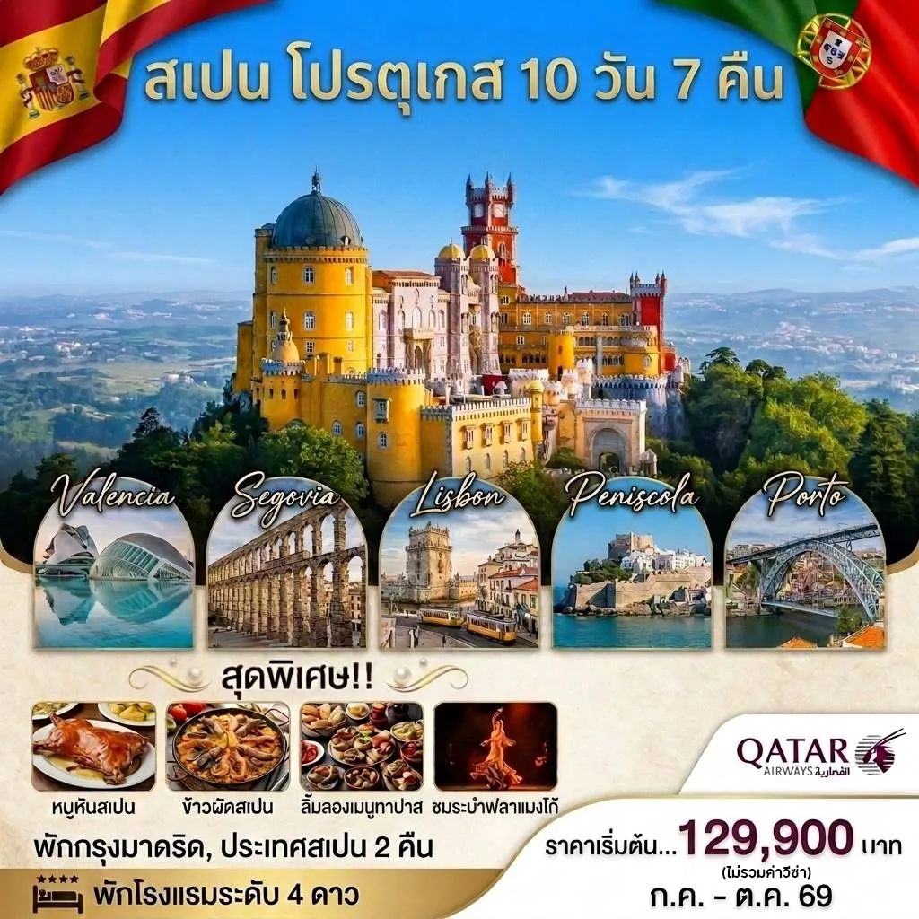 ทัวร์สเปน 10 วัน 7 คืน-บินด้วยสายการบินกาตาร์ 🏘️ กรุงลิสบอน เมืองหลวงประเทศโปรตุเกส ⛪ เข้าชมวิหารเจอโรนิโม 🏬 ช้อปปิ้ง ณ ฟรีพอร์ต ลิสเบา เอ้าเลท 🏘️ เมืองซินทรา 🏰เข้าชมพระราชวังเปนา พระราชวังสีสันแสนสวย 🏖️ แหลมโรก้า ตะวันตกสุดของทวีปยุโรป 🏛️เมืองโคอิมบรา 🏛️เมืองปอร์โต้ เมืองแห่งไวน์ของโปรตุเกส 🏛️เมืองซาลามันก้า อดีตศูนย์กลางทางการค้าสมัยโรมัน 🏟️มืองเซโกเวีย ชมท่อส่งน้ำมันโรมันที่ยังสมบูรณ์ 🏰เข้าชมปราสาทอัลคาซาร์ ปราสาทแห่งเทพนิยาย 🏡กรุงมาดริด เมืองหลวงประเทศสเปน 🏘️เมืองโทเลโด้ เมืองหลวงเก่าประเทศสเปน 🏰เข้าชมพระราชวังหลวง กรุงมาดริด ⛲เมืองบาเลนเซีย เมืองใหญ่อันดับ 3 ของประเทศสเปน 🏖️เมืองเพนิสโคล่า ยิบรอลต้าแห่งสเปน 🏟️เมืองบาร์เซโลน่า เมืองแห่งเกาดี้ 💃ชมระบำฟลาแมงโก้ 🕺 🍽️อิ่มอร่อยเมนูข้าวผัดสเปน ขาหมูสเปน และลิ้มลองเมนูทาปาส🍽️ 🏨พักโรงแรมระดับ 4 ดาว🏨