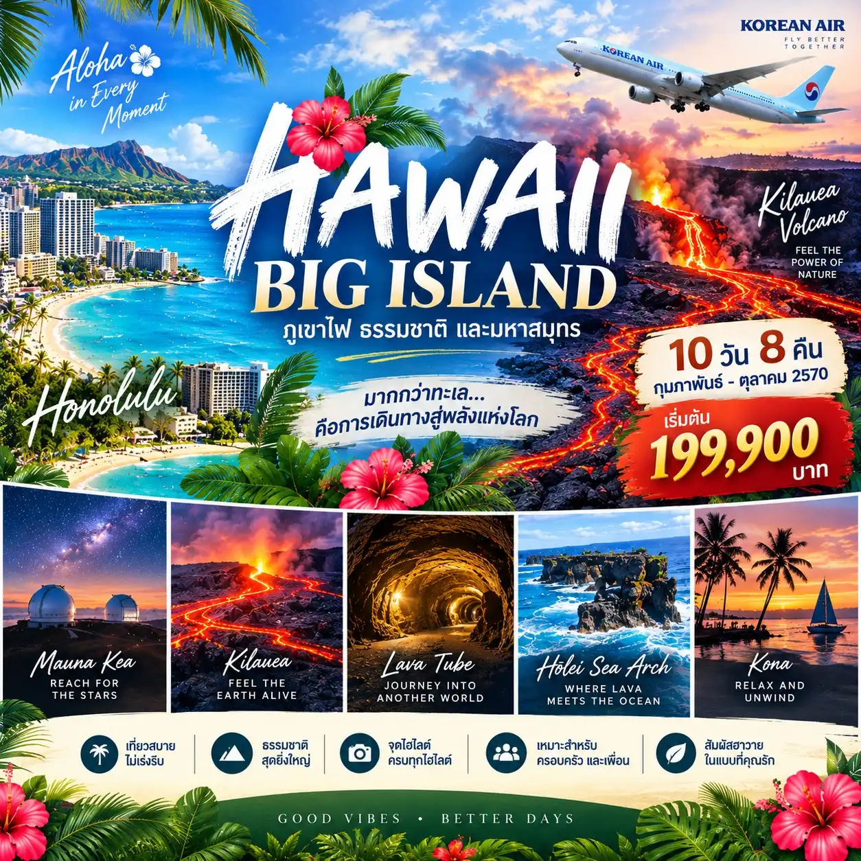 America Tour 10 Day 8 Night-โฮโนลูลู - หาดไวคิกิ - ไดมอนด์เฮด - เพิร์ลฮาร์เบอร์ - โคนา -อุทยานประวัติศาสตร์แห่งชาติปูอูโฮนัว โอ โฮเนาเนา รูปปั้นกิอิ -ชายฝั่งหินลาวา - ภูเขาไฟเมานาเคอา - กรวยน้ำตกสายรุ้ง - อุทยานแห่งชาติภูเขาไฟฮาวาย - ภูเขาไฟคีลาเวอา ชมวิวอูเอคาฮูนา - ช่องไอระเหยความร้อนใต้พิภพ - แนวหินลาวา - ฮิโล - ปล่องภูเขาไฟคิลาเวอา อิกิ ถ้ำลาวาเธอร์สตัน - เส้นทางเดินป่า - ถนนเชนออฟเครเตอร์ส - ธารลาวาเมานาอูลู - จุดชมวิวคีอาลาโคโม ภาพสลักหินโบราณปูอูเลา - ซุ้มหินทะเลโฮเลย์ - ปูนา - โคนา - ถนนเมานาโลอา