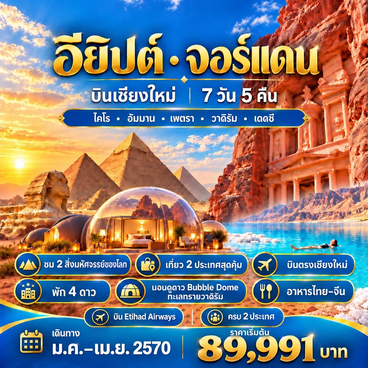 ทัวร์อียิปต์เดือนกุมภาพันธ์ 7 วัน 5 คืน-อียิปต์ตามรอยอารยธรรมโบราณดินแดนไอยคุปต์ หนึ่งในอารยธรรมที่เก่าแก่ที่สุดในโลกพีระมิดกีซา-พระราชวังมาเนีย-พิพิธภัณฑ์ใหม่ Grand Egyptian Museum (GEM)ตลาดข่านเอลคาลีลี-ล่องเรือแม่น้ำไนล์ ชมระบำหน้าท้อง-พัก4ดาว-อาหาร ไทย-จีนจอร์แดนนอน Bubble Dome นับดาวทะเลทรายวาดิรัมชมความยิ่งใหญ่ของ 1ใน7สิ่งมหัศจรรย์ของโลกเมืองเพตราอัคคาบาเมืองทะเลแดงแห่งตำนานโมเสกแหวกทะเล-ป้อมปราการแห่งกรุงอัมมานพักผ่อนสบายๆ ที่ทะเลสาบเดดซีเดินทาง ม.ค.- เม.ย 70ราคาเริ่มต้น 89,991 บาท