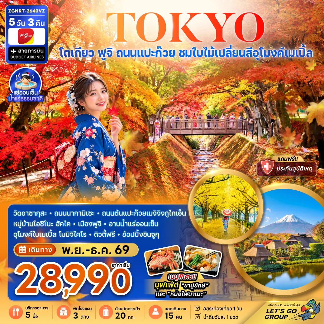 ทัวร์ญี่ปุ่น 5 วัน 3 คืน-วัดอาซากุสะ ถนนนากามิเซะ ถนนนากามิเซะ ถนนต้นแปะก๊วยเมจิจิงกูไกเอ็น หมู่บ้านโอชิโนะ ฮัคไค เมืองฟูจิ อาบน้ำแร่ออนเซ็น อุโมงค์ใบเมเปิ้ล โมมิจิไคโร ดิ้วตี้ฟรี ช้อปปิ้งชินจุกุ