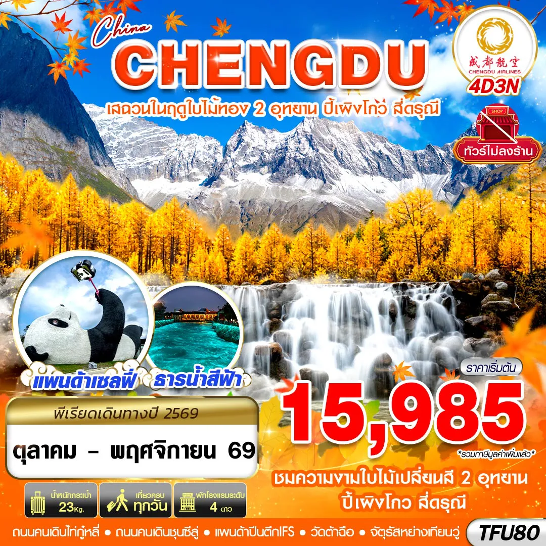 ทัวร์จีน 4 วัน 3 คืน-TFU80 EU BKK เฉิงตู ชมใบไม้เปลี่ยนสี ปี้เผิงโกว สี่ดรุณี ไม่ลงร้าน 4D3N (OCT - NOV26)