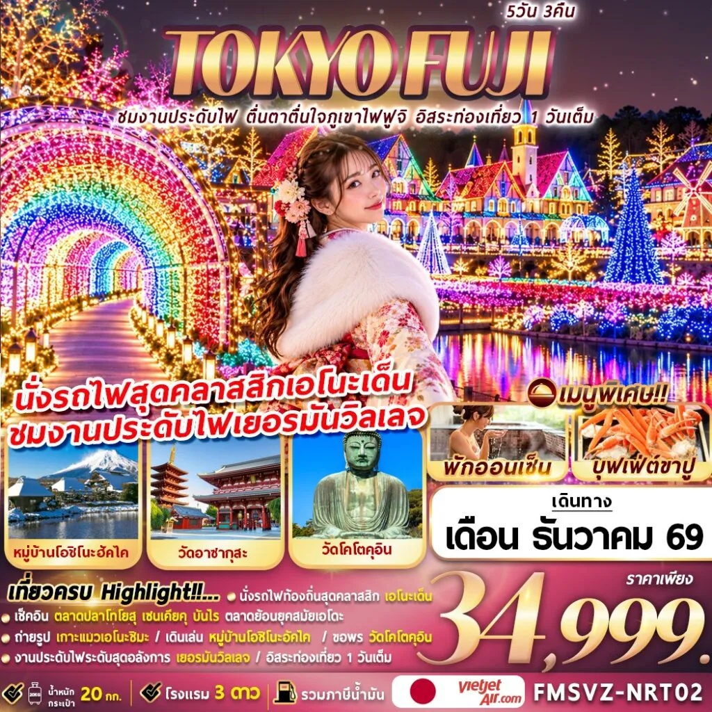 ทัวร์ญี่ปุ่นเดือนธันวาคม 5 วัน 3 คืน-FMSVZ-NRT02 TOKYO FUJI ชมงานประดับไฟ ตื่นตาตื่นใจภูเขาไฟฟูจิ อิสระท่องเที่ยว 1 วันเต็ม
